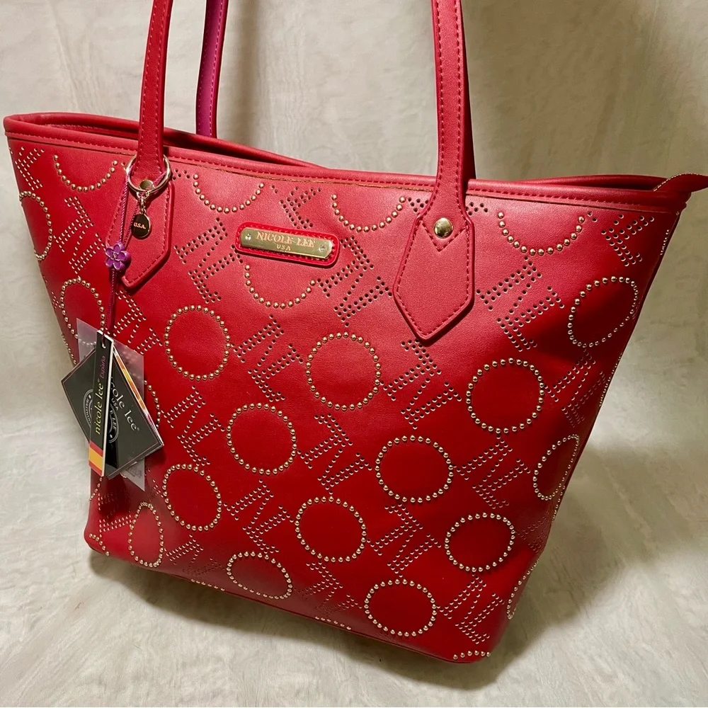 Nicole Lee NL Laser Cut Monogram Shopper with Studding, NWT and Dustbag